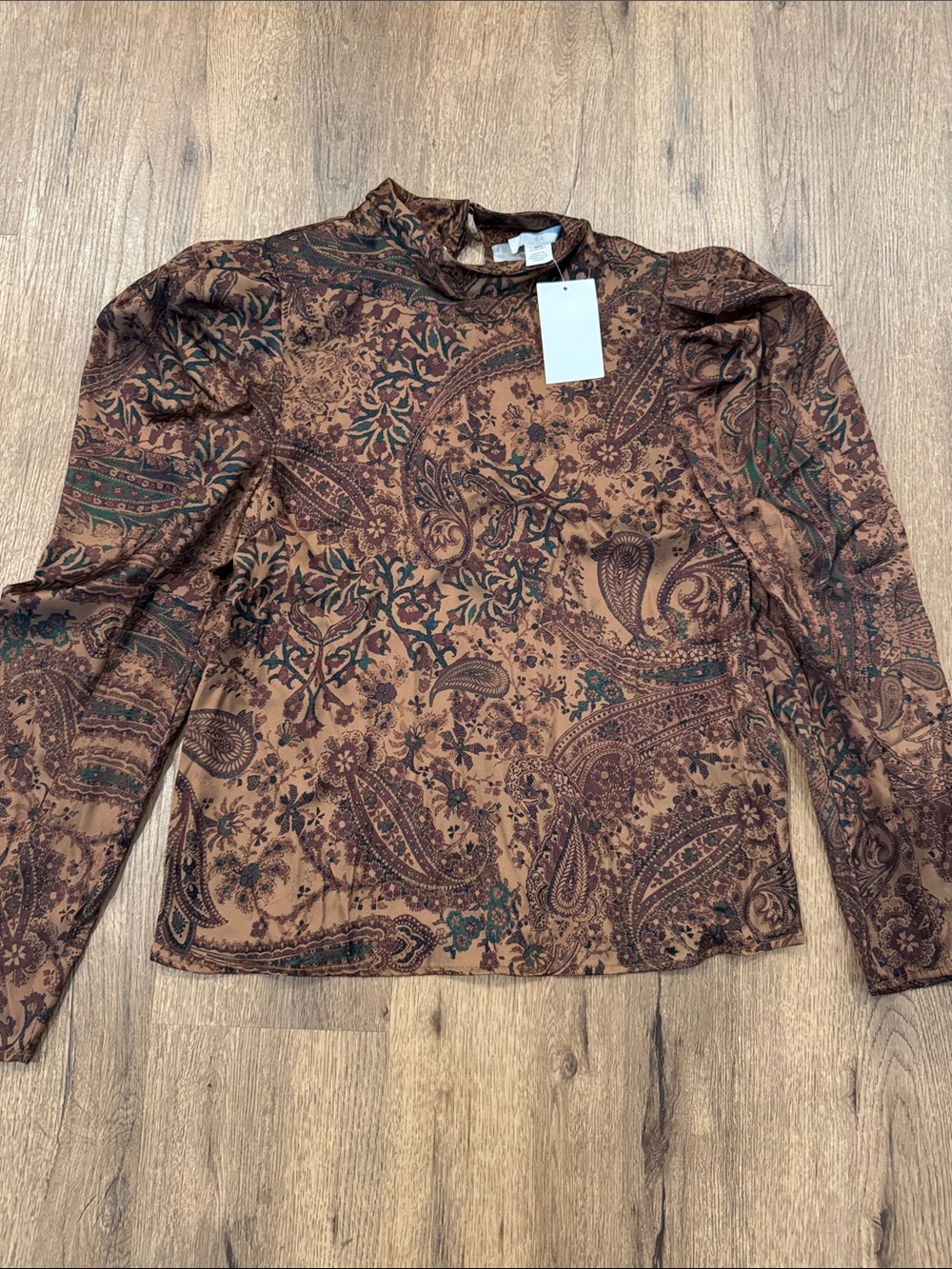 NWT H&M Brown Paisley Mock Neck Long-Sleeve Top